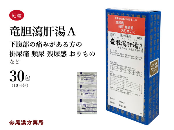 &#9654; 90包はこちら&#9664; 竜胆瀉肝湯（りゅうたんしゃかんとう） 【製造元】　三和生薬株式会社 【適応症】 体力中等度以上で，下腹部に熱感や痛みがあるものの次の諸症： 排尿痛，残尿感，尿のにごり，こしけ（おりもの），頻尿 【成分】 本品1日量3包（1包2.0g）中 竜胆瀉肝湯A水製エキス ………………………4.0 g シャゼンシ ……… 2.1 g　トウキ ………… 3.5 g オウゴン ………… 2.1 g　サンシシ ……… 0.7 g タクシャ ………… 2.1 g　カンゾウ ……… 0.7 g モクツウ ………… 3.5 g　リュウタン ……0.7 g ジオウ ………… 3.5 g ※上記の生薬より抽出したエキス 添加物として乳糖，セルロース，部分アルファー化デンプン， ステアリン酸Ca，無水ケイ酸を含有する。 &#9654; 竜胆瀉肝湯煎じ薬10日分&#9664; &#9654; 竜胆瀉肝湯煎じ薬20日分&#9664; &#9654; 竜胆瀉肝湯煎じ薬30日分&#9664;