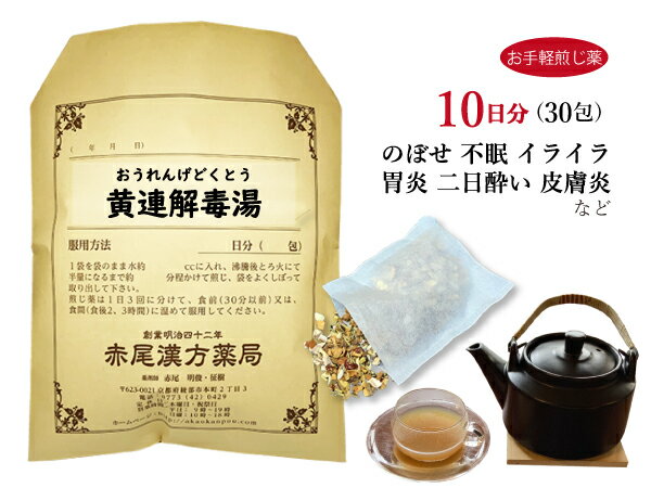 黄連解毒湯　オウレンゲドクトウ【送料無料】お手軽煎じ薬10日分30包　赤ら顔の人の目眩（めまい）　不眠　アトピー性皮膚炎　二日酔い　神経症　更年期　薬局製剤 （黄解散 おうげさん） おうれんげどくとう