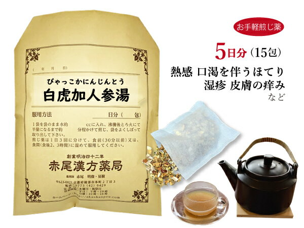 白虎加人参湯　ビャッコカニンジントウ【メール便送料無料】お手軽煎じ薬5日分15包　のどの渇き　ほてりを伴う皮膚炎　湿疹　かゆみ　薬局製剤　びゃっこかにんじんとう