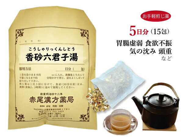 香砂六君子湯 コウシャリックンシトウ【メール便送料無料】お手軽煎じ薬5日分15包 胃炎 胃腸虚弱 胃下垂 消化不良 食欲不振 胃痛 嘔吐 薬局製剤 こうしゃりっくんしとう