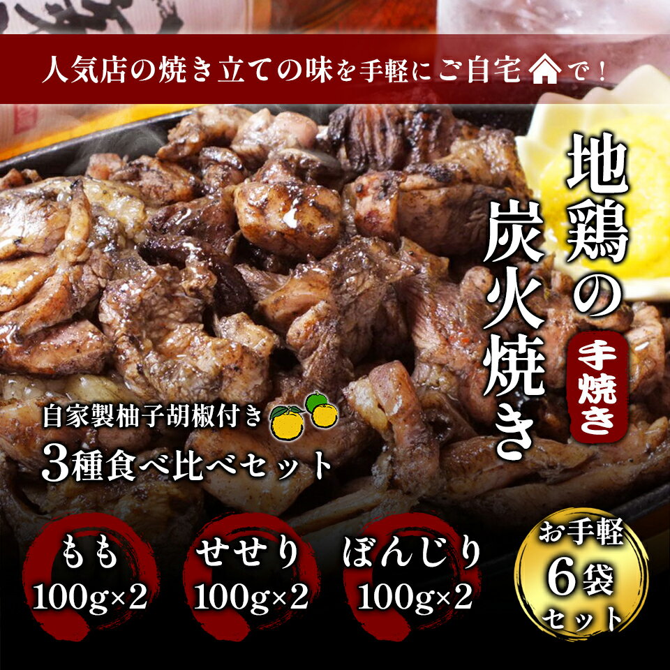 宮崎名物 職人手焼きの地鶏炭火焼き バラエティ3部位セット もも・せせり・ぼんじり6パックセット 自家製柚子胡椒付 内容量計600g 10分以内冷凍 送料無料