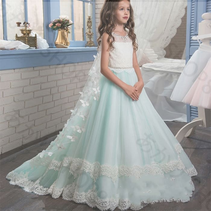 子供ドレス ミントの優しい色合いにレース飾りと蝶々マントが可愛い フラワーガール 七五三 チュールスカート イベント パーティードレス 結婚式 発表会 演奏会音楽会