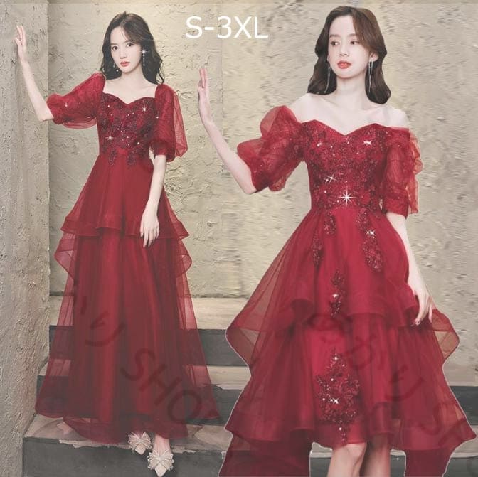 【送料無料】二次会ドレス ワンピース ドレス 赤ドレス ステージ 袖あり 肩出し ウェディングドレス パーティードレス ロング丈 ミモレ丈 高級感 フォーマルドレス イブイングドレス 演奏会 忘年会