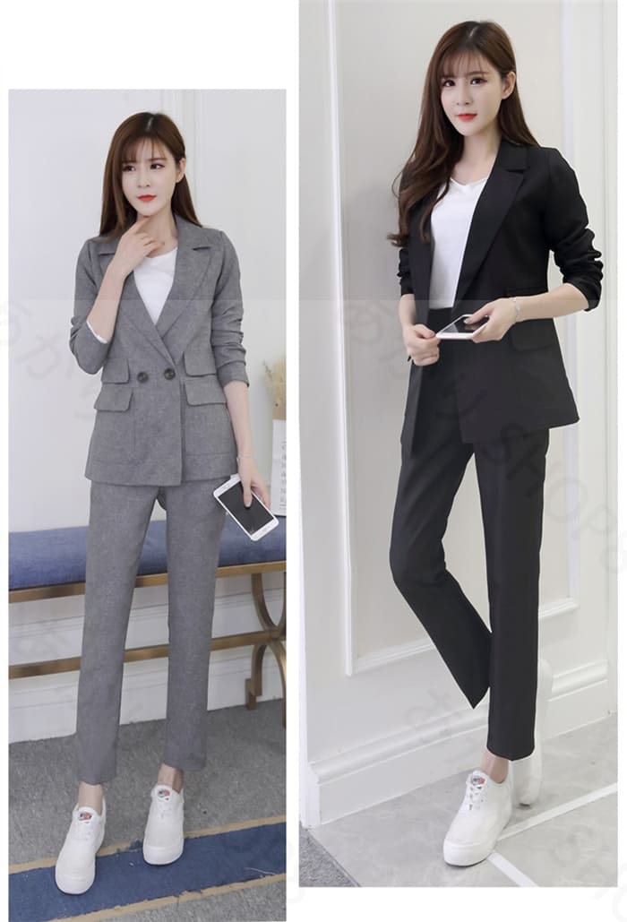 【送料無料】セットアップ　2点セット　パンツスーツ　レディース　スーツ　上下セット　フォーマル　アンクルパンツ　ロングパンツ　ジャケット　パンツドレス　長袖　通勤　OL　女性らしい　20代　30代　40代　黒　グレー