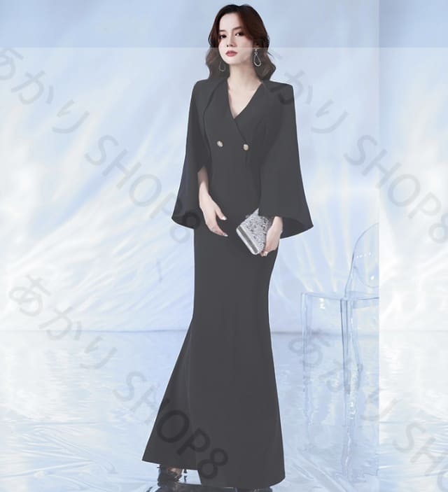 ケープスリーブ パーティードレス 結婚式 お呼ばれ ドレス 袖あり マーメイドドレス ロングドレス マーメイド ワンピース ロング 大きいサイズ 3L 4L 韓国 黒 上品 おしゃれ きれいめ 20代 30代 40代