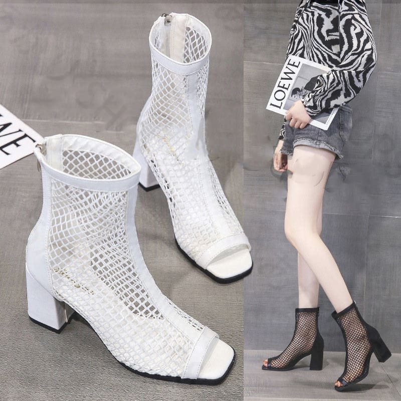 サマーブーツ ブーツサンダル レディース メッシュ 切り替え サンダル ぺたんこ 夏 美脚 ショートブーツ 通気 夏物 バックジップ ヒール8cm 太ヒール チャンキーヒール ブーツサンダル 歩きやすい 痛くない 靴 シューズ