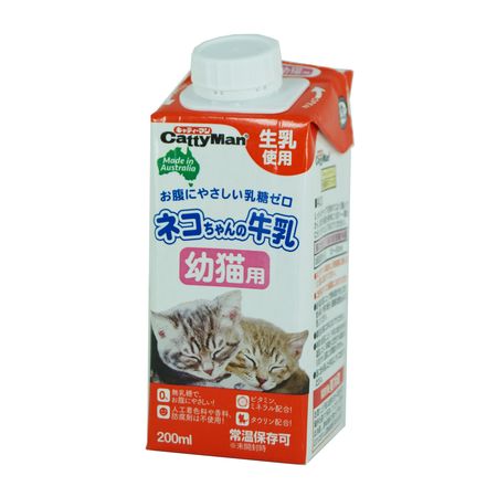 【商品説明】■オーストラリア産の生乳から作った、生乳そのままの風味が生きている幼猫用の牛乳です。■おなかにやさしい乳糖ゼロ。製造過程で乳糖を完全分解しました。■人口着色料や香料、防腐剤を使用せず、生乳の旨さを最大限引き出しています。■ビタミン、ミネラル、カルシウム、そして食物からの摂取が頼りの必須栄養素タウリン配合。幼猫の健全な生活をサポートします。■成長が著しい幼猫向けに成分調整した毎日おいしく与えられる牛乳です。■蓋のできる便利な注ぎ口付き。■原材料：乳類(生乳、脱脂乳、無脂乳固形分、乳清たん白)、植物油脂、増粘多糖類、乳糖分解酵素、ミネラル類(カルシウム、カリウム、マグネシウム、リン、鉄)、乳化剤、タウリン、ビタミン類(A、B1、B2、C、D、E)■保証成分：粗たん白質3.0％以上、粗脂肪3.5％以上、粗繊維1.0％以下、粗灰分2.5％以下、水分93.0％以下■エネルギー：70kcal/100g■1日の目安給与量：幼猫(離乳後から)/10〜50ml■賞味期限：12ヶ月■原産国または製造地：オーストラリア■諸注意：■冷えすぎているとお腹をこわす場合がありますので、別容器に移し替えて適温に温めてから与えてください。・ご使用後はすぐに冷蔵庫に入れてください。・給与量は猫によって個体差が生じます。飲み残しや便の様子、健康状態をみて調節してください。・離乳前の猫には与えないでください。・時間の経過により牛乳の成分が、分解、凝固したり、変色することがありますが、品質には問題ありません。・器にのみ残した牛乳は、すぐに捨ててください。■ペット 猫 ミルク 乳 みるく 牛乳 牛 幼い 幼猫 子猫 仔猫4974926010350