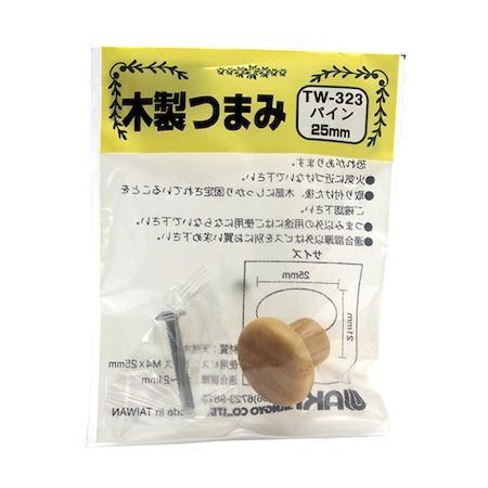 【商品説明】●木製家具に多いパイン材をツマミにしました。●扉のツマミを取替えや交換・追加に。●ビスを締めすぎると破損する恐れがあります ●取付け後にしっかり固定されていることをご確認下さい ●適合扉厚以外はビスを別にお買い求め下さい ●用途以外ではご使用にならないで下さい●適合扉厚(mm)：12〜21●設置方法：裏ネジ止めタイプ●カラー：パイン●横幅(mm)：25●設置面(mm)：14●高さ(mm)：21●材質：天然木（パイン／クリアー仕上げ）●付属品：トラスビスM4X25mm／2本
