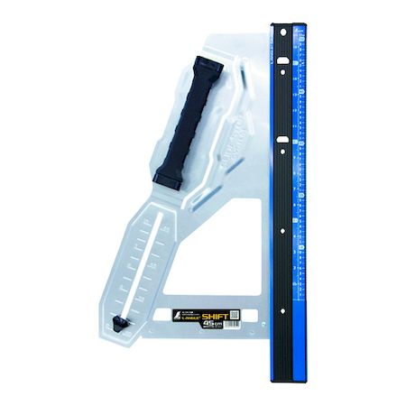 シンワ測定メーカーお問い合わせ：0120-666-899【商品説明】●可動突き当てピンを動かし、突き当て位置を変更することで直角切断と角度切断をシフトできます。●楽にスライド、ガッチリ固定できる【スライド・ストップシステム】採用でスーッとスライドし、グッと固定することができます。●しっかり握れる、ワイドヘキサハンドルを採用しています。●大工さんに便利な尺相当目盛とメートル目盛の併用目盛仕様です。●電気丸ノコやジグソーなどでの切断ガイド定規に。●全長(mm)：687●幅(mm)：390●厚さ(mm)：85●呼び寸法(mm)：450●有効切断長さ(mm)：直角450●角度精度：100mmにつき0.1mm以下直角度精度：100mmにつき0.1mm以下●裏面すべり止めゴム付●角度調整機能付●突き当て高さ：15mm●角度調整範囲：45〜90°(1〜10寸勾配)●本体：アルミ●ガイド面・突き当てピン・指針：ステンレス●ハンドル：ABS樹脂、エラストマー樹脂●角度調整ツマミ：フェノール樹脂、真ちゅう