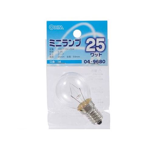 オーム電機 04-9680 ミニランプS35 E14 25Wクリア 049680