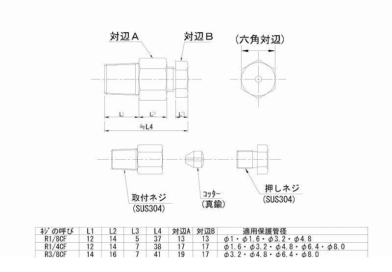 【商品説明】R1／2　コンプレッションフィッティング【仕様】 取付ネジ：SUS304　コッター：真鍮　押しネジ：SUS304【特長】気密性はありません。　