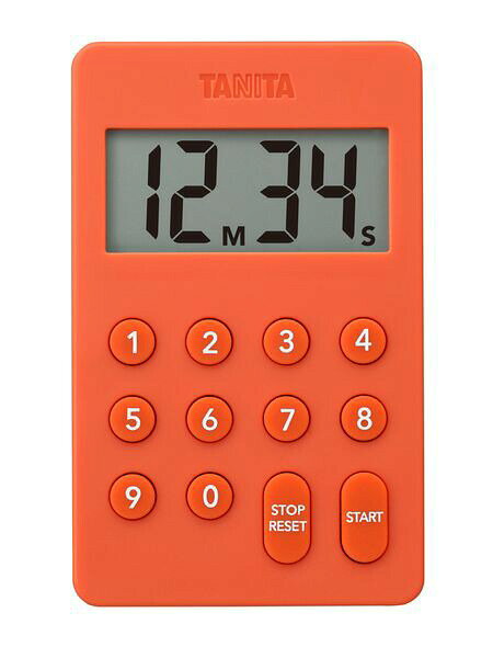 タニタメーカーお問い合わせ：0570-099655【商品説明】●どんなキッチンにも馴染むシンプルなデザインのタイマー。●操作性がよく、作業を中断させないタイマー。●10個のボタン（10キー）で直感的に設定可能。●本体背面にストラップ穴がついているので、吊り下げ使用も可能。・設定時間：最大99分99秒　1秒単位（カウントダウン）・音量：70dB以上・マグネット、ストラップ穴付き・電源：CR2032×1個