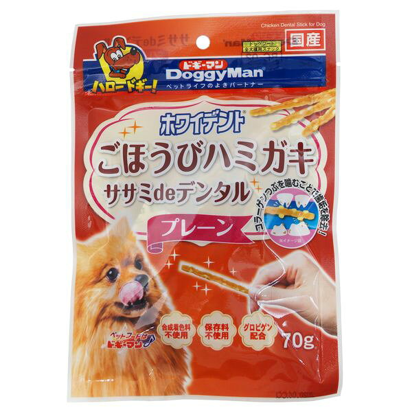 【商品説明】●ササミ生地にコラーゲン粒を配合したデンタルスナック。●コラーゲン粒を噛むことで歯垢を除去します。●ササミのおいしさたっぷりで、ご褒美にもぴったり。●ワンちゃんの歯周の健康維持をサポートするグロビゲン配合。●合成着色料・保存料不使用で、毎日の歯磨き習慣をサポートします。●原材料：鶏ササミ、小麦粉、牛皮、糖類、タピオカでん粉、卵黄粉末(グロビゲン)、植物油脂、加工でん粉、グリセリン、トレハロース、ソルビトール、増粘安定剤(キサンタンガム)、ミネラル類(ナトリウム)、酸化防止剤(ビタミンC、ビタミンE)、ポリリン酸ナトリウム、ピロリン酸ナトリウム、着色料(クチナシ、ルテイン)●保証成分：粗たん白質16.0％以上、粗脂肪0.1％以上、粗繊維2.0％以下、粗灰分4.5％以下、水分25.0％以下●エネルギー：320kcal/100g●賞味期限：12ヶ月●原産国または製造地：日本犬 おやつ 間食 ジャーキー ホワイト はみがき ハミガキ 歯磨き 歯みがき デンタル