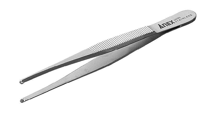 兼古製作所 220 ステンレスピンセット　有鈎型130mm【仕様】 ●有鈎型●全長×後端部幅（mm）:130×10 【特長】 ●先端がカギ型でひっかけてはさめるため、確実に引っぱり出したりする作業に適しています。