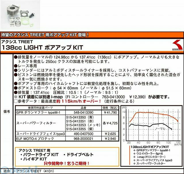 キタコメーカーお問い合わせ：06-6783-5311●お取り寄せ商品のため、稀にご注文入れ違い等により欠品・遅延となる場合がございます。【商品説明】●YAMAHA●アクシストリート 41D1 ● 排気量をノーマルの 124．98cc から 137．41cc（138cc）にボアアップ。●ノーマルよりも大きなトルクを発生し、250cc クラスの加速を可能にします。● 一般公道を走行する場合は、中型車登録が必要です。●ボア x ストローク：Φ54 x 60mm（ノーマル：Φ51.5 x 60mm）●