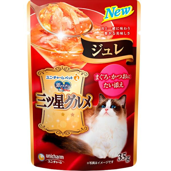 【商品説明】・具と一緒に味わう贅沢な美味しさ・お魚の旨みがたっぷりなとろけるジュレが、お魚の身とからんで一緒に食べやすく、贅沢なおいしさを実現。【 原材料 】魚介類（かつお、まぐろ、タイ、フィッシュエキス）、調味料、増粘安定剤（加工でん粉、増粘多糖類）【 保証分析値 】粗たんぱく質5.0％以上、粗脂肪0.0％以上、粗繊維50.0％以下、粗灰分3.0％以下、水分93.0％以下【 代謝エネルギー 】約14kcal/1袋あたり【 原産国 】タイ【 製造日からの賞味期限 】24ヶ月【 メーカー名 】ユニチャーム【 JANコード 】4520699661499