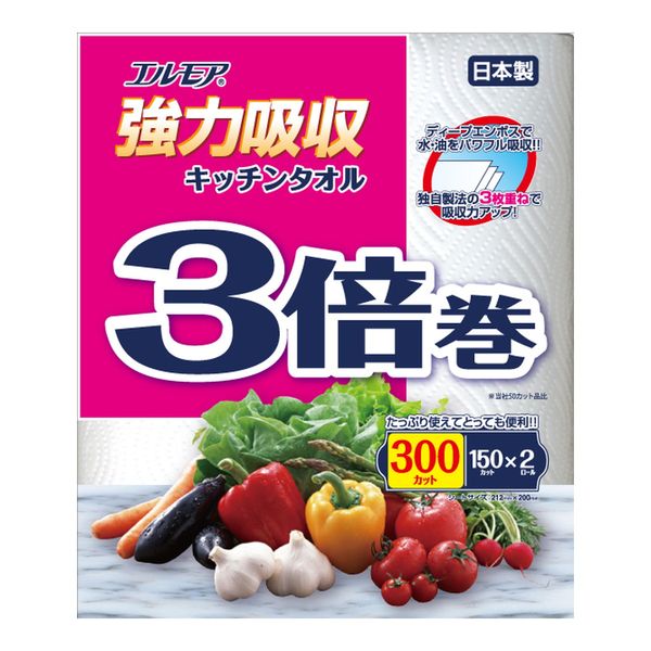 【商品説明】●3倍の長さでたっぷり使えて便利 ●ディープエンボス加工（両面処理）で水や油をパワフル吸収します。●環境に配慮したスリムパッケージを採用。●ピュアパルプ100％ ●日本製キッチンタオル