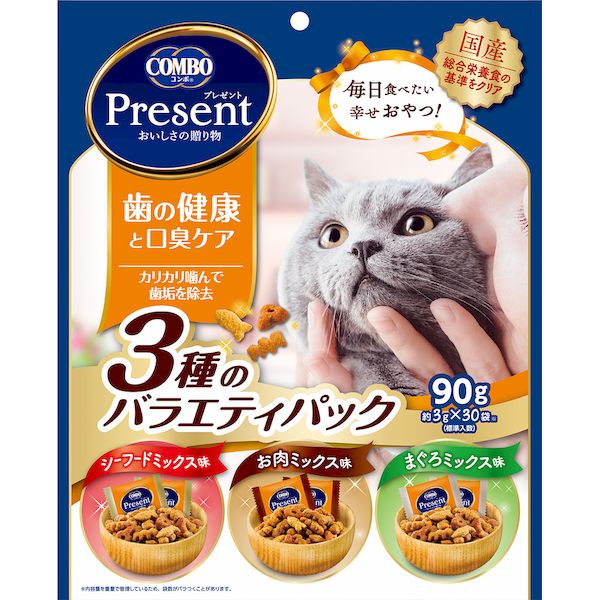 日本ペットフード 4902112051320 コンボ プレゼント キャット おやつ 歯の健康と口臭ケア 3種のバラエティパック 90g