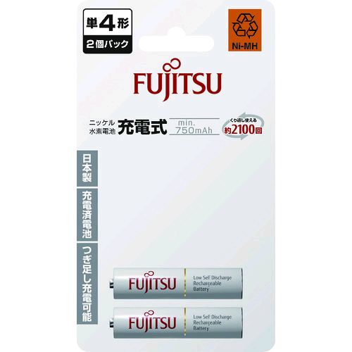 FDKメーカーお問い合わせ：0120-03-0422【特長】●1回の充電で長時間使用でき、つぎ足し充電可能です。●-20℃でも使用可能です。●購入後すぐ使用でき、5年後もすぐ使用できます。【用途】●ゲーム機器●シェーバー●ストロボ●デジカメ●携帯充電器●電動歯ブラシ●ビューティー機器【仕様】●タイプ：単4●電圧(V)：1.2●容量(min./mAh)：750●電池容量(mAh)：750●付属充電池【仕様2】●充電可能回数：約2100回●容量：min.2450mAh●min.750mAh【原産国】日本　