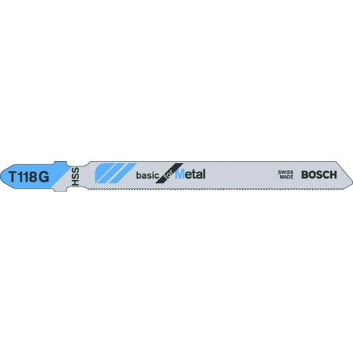 ボッシュメーカーお問い合わせ：0120-345-762【特長】●スイスの専用工場で生産した品質の高いジグソーブレードです。【用途】●軟鋼板の切断に。【仕様】●山数：36●全長(mm)：92●厚さ(mm)：1●有効刃長(mm)：67●切断能力(mm)軟鋼板：0.5〜1.5●切断タイプ：直線●パック入数(本)：5【仕様2】●適合機種：ボッシュ、マキタ、ハイコーキ（旧日立）、リョービなどのTシャンク形状のジグソー【材質／仕上】●ハイス鋼【原産国】スイス