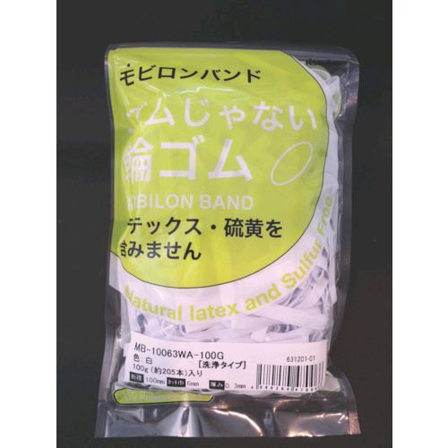 【特長】●天然輪ゴムではないポリウレタン製なので、薄くて丈夫・長持ちします（-20〜80℃位まで使用可）。●結束物に貼り付きにくく傷めません。●天然輪ゴムを使用できない銀・銅製品や電子精密部品のトレーなどの結束に最適です。【仕様】●色：白●切幅(mm)：6●折径(mm)：100●厚さ(mm)：0.3●袋入数(本)：約205【仕様2】●使用温度範囲：-20〜80℃●食品衛生法、欧州RoHS指令適合品●厚さ：0.3mm【材質／仕上】●ポリウレタン（PUR）【注意】●直射日光や火気、高温多湿、Noxガス等を避けて保管・使用してください。鋭いエッジ状の物にあてると切れることがありますのでご注意ください。【原産国】日本　