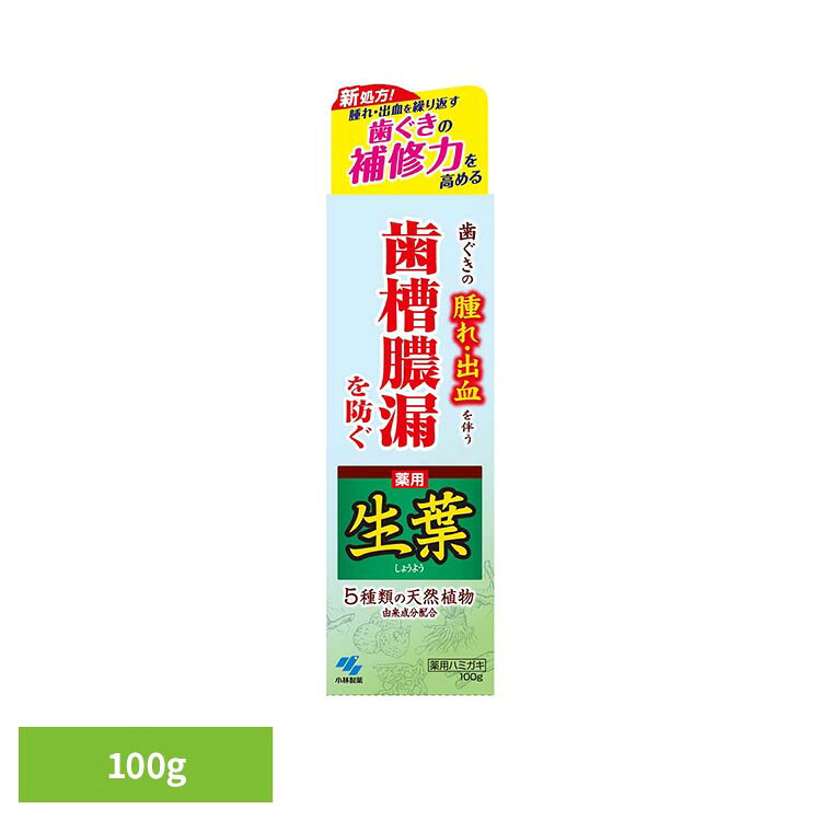 ◇5種類の天然植物由来成分配合、歯槽膿漏を防ぎます。◇出血予防成分εアミノカプロン酸を配合、歯槽膿漏による出血を防ぎます。◇ヒノキチオールが殺菌、グリチルリチン酸ジカリウムが炎症を防ぎ、歯槽膿漏を防ぎます。◇ハーブミントの香りでお口をさわやかにします。※リニューアルに伴い、パッケージ・内容等予告なく変更する場合がございます。予めご了承ください。●内容量100g●商品サイズ（cm）幅約4.8×奥行約4×高さ約14.1●商品区分医薬部外品●成分濃グリセリン、ソルビット液、含水ケイ酸、精製水、エタノール、ピロリン酸カルシウム、無水ケイ酸、ポリオキシエチレン硬化ヒマシ油、酸化チタン、エデト酸二ナトリウム、アラントイン、N-ラウロイル-L-グルタミン酸ナトリウム、塩化ナトリウム、乳酸アルミニウム、カラギーナン、香料（ハーブミントタイプ）、グリチルリチン酸ジカリウム、ヒノキチオール、ムクロジエキス、シャクヤクエキス、トウキエキス、パラベン、黄色4号、青色1号●ご使用上の注意メーカー公式サイト、またはパッケージ面の記載内容をよくご確認の上、ご使用ください。●原産国日本○広告文責：e-net shop株式会社(03-6706-4521)○メーカー（製造）：小林製薬株式会社○区分：日本・医薬部外品（検索用：小林製薬 生葉 歯磨き オーラルケア 4987072008041）最強翌日配送対象商品に関するご案内 最強翌日配送対象商品・対象地域に該当する場合は最強翌日配送マークがご注文カゴ近くに表示されます。 最強翌日配送可能なお支払方法は【クレジットカード、代金引換、全額ポイント支払い】のみとなります。 下記の場合は最強翌日配送対象外となります。 ・15点以上ご購入いただいた場合 ・時間指定がある場合 ・ご注文時備考欄にご記入がある場合 ・決済処理にお時間を頂戴する場合 ・郵便番号や住所に誤りがある場合 ・最強翌日配送対象外の商品とご一緒にご注文いただいた場合 ・お届け先住所文字数が40文字以上の場合