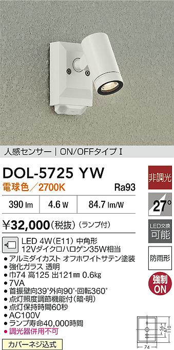 【営業日即日発送】【送料無料】DOL-5725YW 大光電機 屋外灯 スポットライト 人感センサー　ON/OFFタイプ 畳数設定無し LED