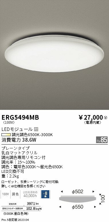 【ご注文合計25,001円以上送料無料】 N区分 遠藤照明 ERG5494MB シーリングライト リモコン付 自動点灯無し 〜8畳 LED