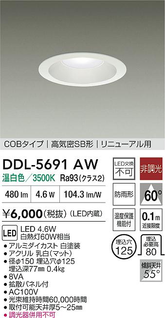 【送料無料】大光電機 DDL-5691AW ダウンライト 【高気密SB形】 畳数設定無し LED≪即日発送対応可能 在庫確認必要≫ 安心のメーカー保証