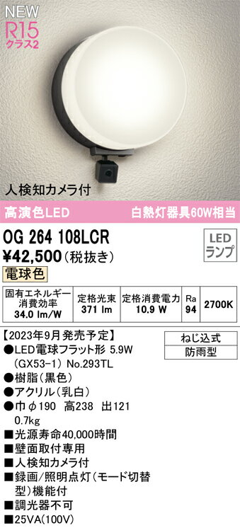 T区分 オーデリック OG264108LCR （ランプ別梱包）『OG264108#＋NO293TL』 ポーチライト 人検知カメラ 畳数設定無し LED 安心のメーカー保証