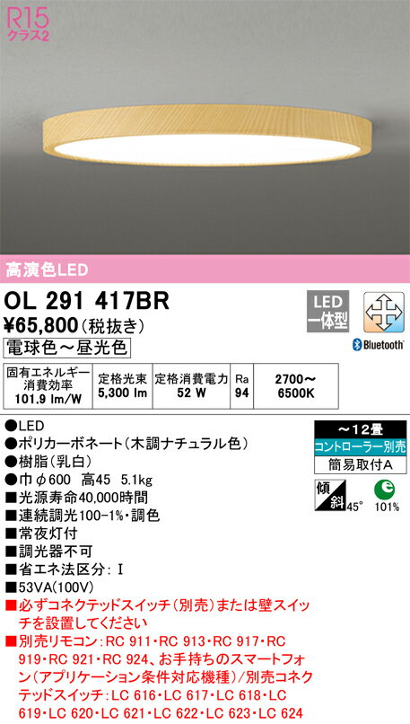 【送料無料】N区分 オーデリック OL291417BR シーリングライト リモコン別売 〜12畳 LED 安心のメーカー保証
