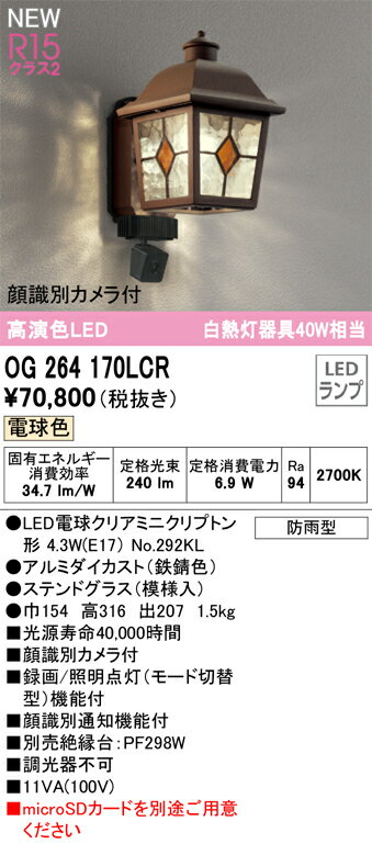 【送料無料】T区分 オーデリック OG264170LCR （ランプ別梱包）『OG264170#＋NO292KL』 ポーチライト 顔識別カメラ付 畳数設定無し LED 安心のメーカー保証