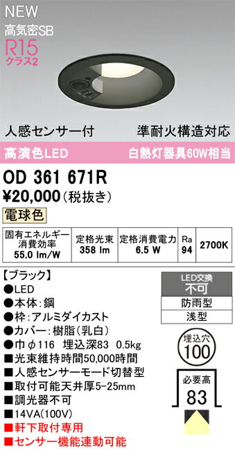 【送料無料】 オーデリック N区分 OD361671R 屋外灯 ダウンライト 【高気密SB形】 人感センサー 畳数設..