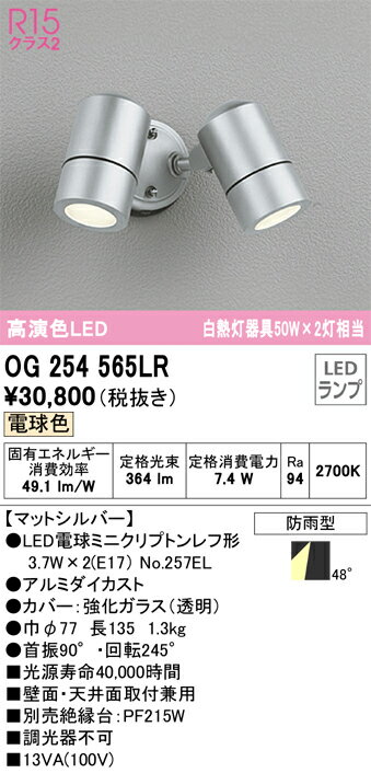 乐天商城 - T区分 オーデリック OG254565LR （ランプ別梱包）『OG254565#＋NO257EL×2』 屋外灯 スポットライト 自動点灯無し 畳数設定無し LED 安心のメーカー保証