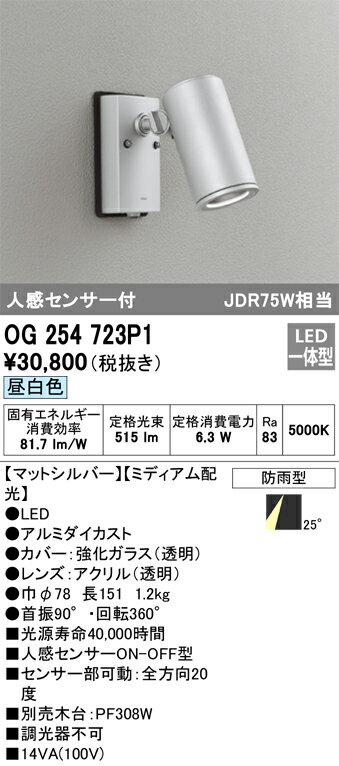 【送料無料】 オーデリック T区分 OG254723P1 屋外灯 スポットライト 人感センサー 畳数設定無し LED 安心のメーカー保証