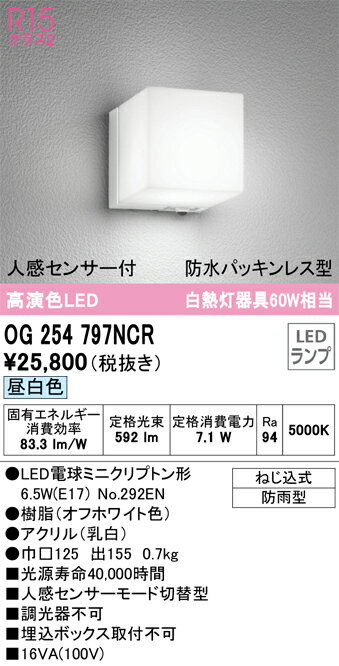 乐天商城 - T区分 オーデリック OG254797NCR （ランプ別梱包）『OG254797#＋NO292EN』 ポーチライト 人感センサー 畳数設定無し LED 安心のメーカー保証
