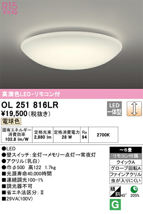H区分 オーデリック OL251816LR シーリングライト リモコン付 ～6畳 LED 安心のメーカー保証