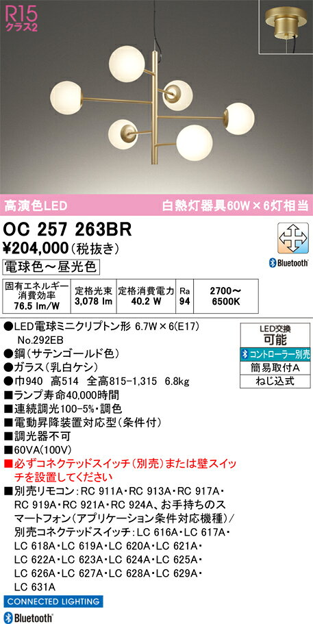 OC257263BROC257263BRシャンデリア LED リモコン別売簡単取付 畳数設定無し取付方法： 簡易取付A（簡易取付型）