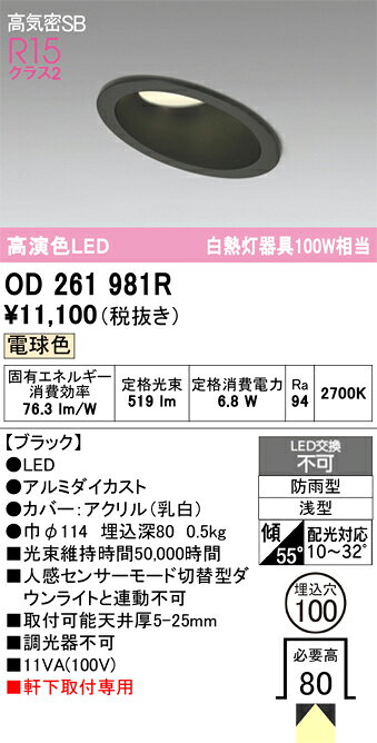 OD261981ROD261981R屋外灯 ダウンライト LED電気工事必要 埋込穴φ100 【高気密SB形】 畳数設定無し