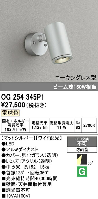 OG254345P1OG254345P1屋外灯 スポットライト LED電気工事必要 畳数設定無し