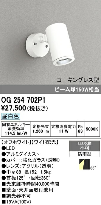 OG254702P1OG254702P1屋外灯 スポットライト LED電気工事必要 畳数設定無し