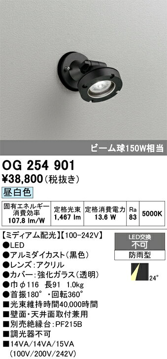 OG254901OG254901屋外灯 スポットライト LED 自動点灯無し電気工事必要 畳数設定無し