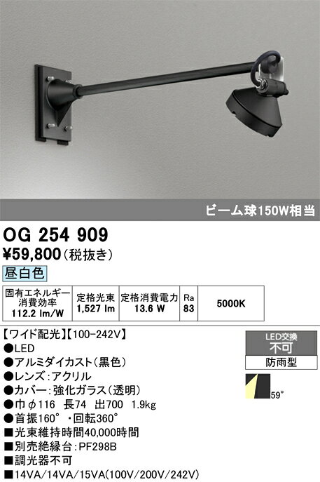 OG254909OG254909屋外灯 スポットライト LED 自動点灯無し電気工事必要 畳数設定無し