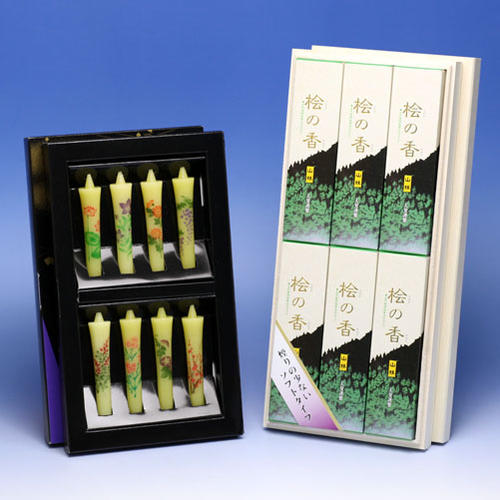 線香 贈答用 送料無料 VG-1 桧の香山林 短寸 6箱入 紙箱 と 絵ろうそく 花源氏 アソート 8本 セット 大発 東海製蝋 日本製 贈り物 お供え物 喪中...