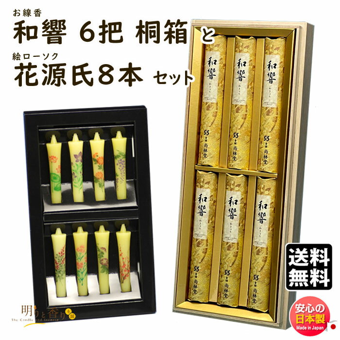 線香 贈答用 送料無料 和響 短寸6入 桐箱 尚林堂 と 絵ろうそく 花源氏 8本 セット 東海製蝋 日本製 お線香 お供え ローソク キャンドル 進物 御佛前 御霊前 法要 お花 お盆 白檀のサムネイル