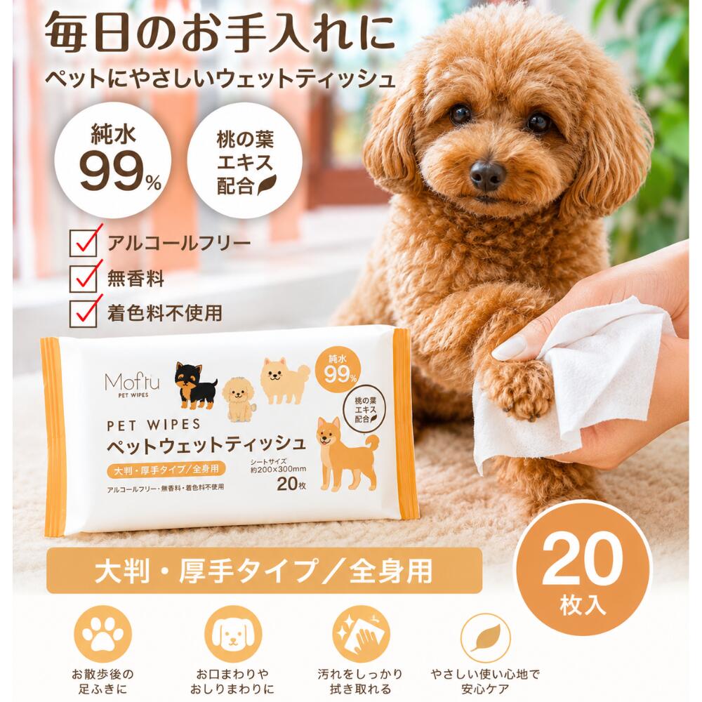 毎日のお手入れにやさしいペット用ウェットティッシュ 純水99％使用。 桃の葉エキス配合で、デリケートなペットにもやさしいウェットティッシュです。 アルコールフリー・無香料・着色料不使用だから、毎日のお手入れにおすすめです。 ■特長 ・純水99％使用 ・桃の葉エキス配合 ・アルコールフリー ・無香料 ・着色料不使用 ・大判・厚手タイプ ・犬・猫兼用 お散歩後の足ふき、お口まわり、おしりまわり、涙やけケアなど、さまざまなお手入れにお使いいただけます。 ■商品仕様 内容量：20枚 シートサイズ：約200×300mm 対象：犬・猫 用途：全身用 関連商品 耳・口・目元などのデリケートなお手入れには、80枚入りタイプもございます。 ペット用ウェットティッシュ（耳・口・目元用 80枚入り）毎日のお手入れにやさしいペット用ウェットティッシュ 純水99％使用。 桃の葉エキス配合で、デリケートなペットにもやさしいウェットティッシュです。 アルコールフリー・無香料・着色料不使用だから、毎日のお手入れにおすすめです。 ■特長 ・純水99％使用 ・桃の葉エキス配合 ・アルコールフリー ・無香料 ・着色料不使用 ・大判・厚手タイプ ・犬・猫兼用 お散歩後の足ふき、お口まわり、おしりまわり、涙やけケアなど、さまざまなお手入れにお使いいただけます。 ■商品仕様 内容量：20枚 シートサイズ：約200×300mm 対象：犬・猫 用途：全身用 関連商品 耳・口・目元などのデリケートなお手入れには、80枚入りタイプもございます。 ペット用ウェットティッシュ（耳・口・目元用 80枚入り）