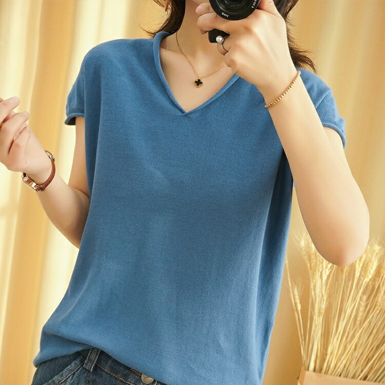 樂天商城 - 【送料無料】サマーニット Tシャツ 綿100％ ニットトップス ニット Tシャツ ニット Vネック 半袖Tシャツ Tシャツ ニット トップス 半袖 サマーニット無地 シンプル レディース 春夏