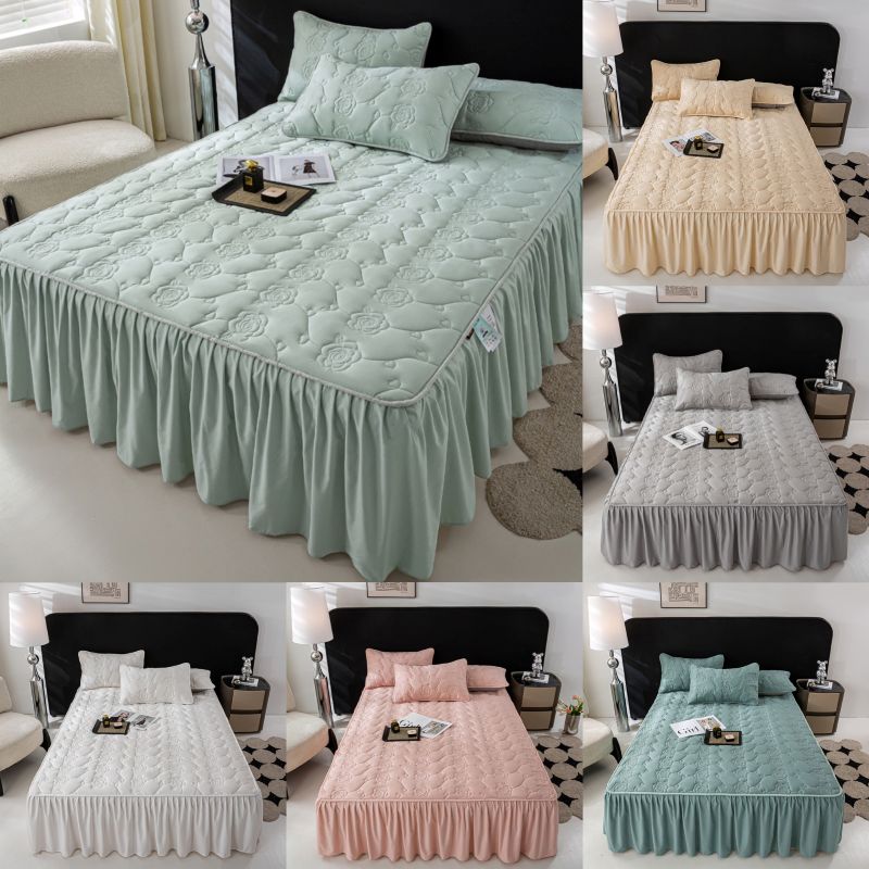 ベッドスカート キルティング 綿 マットレスカバー フリル付き 敷パッド一体型 中綿 姫系 ズレ防止 オ..