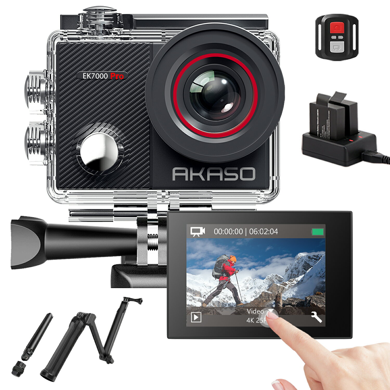 3500円クーポン期間限定配布中!【自撮り棒付き】AKASO EK7000 Pro 4Kアクションカメラセット|タッチパネル|防水40m対応|電子防振+広角170度|Wi-Fi/リモコン|スポーツ/ダイビングに最適