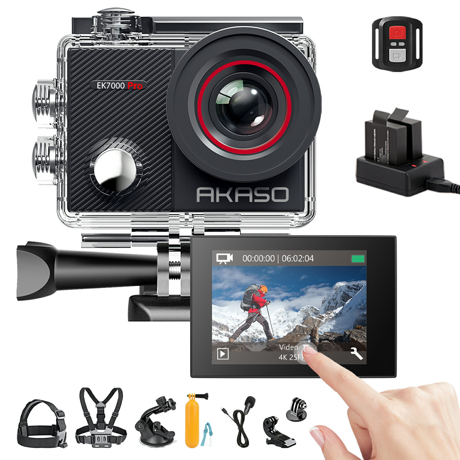 【3500円クーポン期間限定配布中!】AKASO EK7000 Pro 4Kアクションカメラ|外部マイク+7 in 1アクセサリー付属|防水40m対応|電子防振...